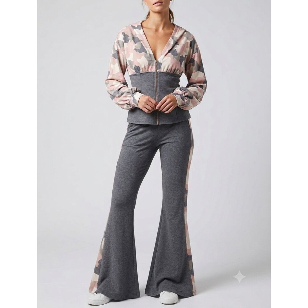 Venus Women’s M Hoodie Jacket Pants Set Camo Trim Rose Gold Zip Flare Leg Outfit